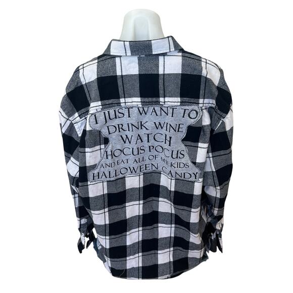 CheekyMontana Tops - Hocus Pocus Plaid Flannel Shirt XL Halloween Candy Wine Upcycled Unique Funny